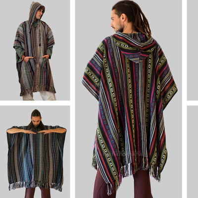 Long Poncho, Mens Hippie woven poncho with Hood, Pure cotton Festival pancho, baja hoodie