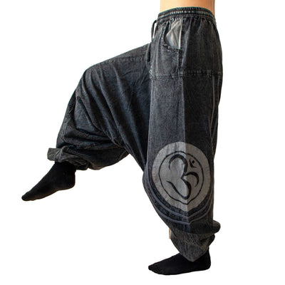 stonewashed Harem Pants with pockets for men and women with  OM / Oum embroidery, Cotton hippie yoga pants - hippie clothing
