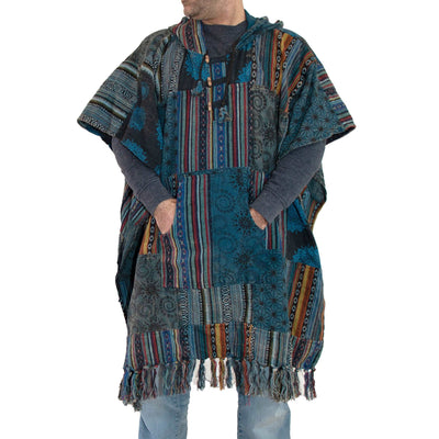 Patchwork Long Poncho, Mens Hippie  poncho with Hood, Pure cotton Festival pancho, baja hoodie